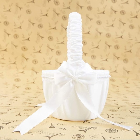 Handbags - Flower Girl Basket for wedding with bowknot Flower Basket White